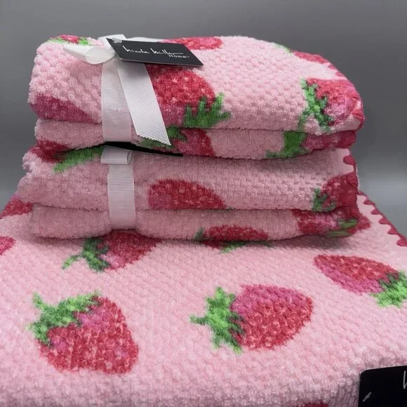 6pc Nicole Miller Pink Strawberry Bath Hand Fingertip Towel Set Textured Summer